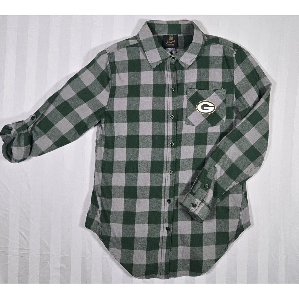 Green Bay Packers NFL Juniors Collection Green Plaid Long Sleeve Shirt Cotton